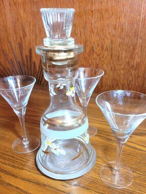 Circa 1960 Hand Painted Floral Glass Decanter and 3 Cocktail Glasses Set